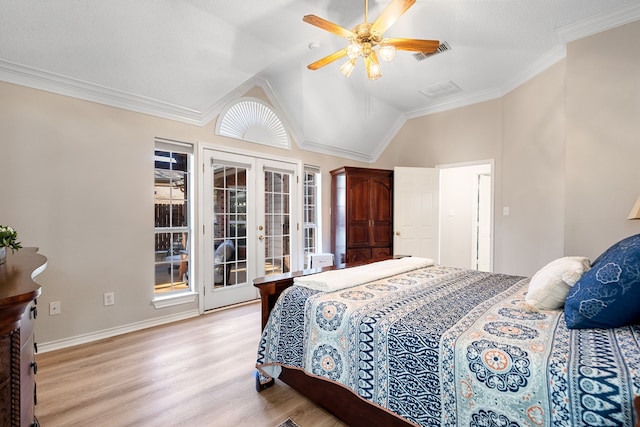 bedroom featuring ceiling fan, french doors, vaulted ceiling, access to outside, and ornamental molding