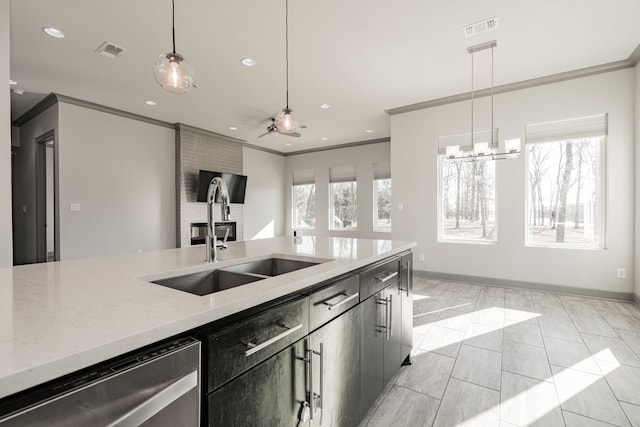 kitchen featuring dishwasher, light stone countertops, ornamental molding, pendant lighting, and sink