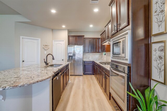 kitchen with a center island with sink, sink, decorative backsplash, appliances with stainless steel finishes, and light hardwood / wood-style floors