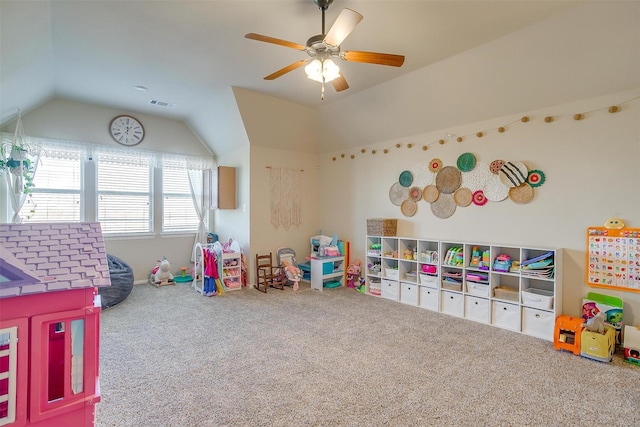 playroom with carpet flooring, ceiling fan, and lofted ceiling