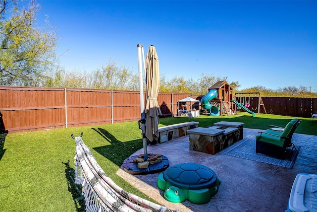 back of house featuring a playground, a patio area, an outdoor living space, and a lawn