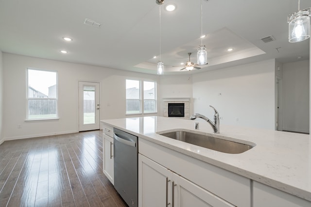 kitchen with pendant lighting, a raised ceiling, stainless steel dishwasher, and sink