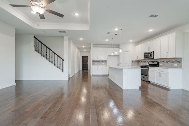 kitchen with white cabinetry, a kitchen island with sink, appliances with stainless steel finishes, and a tray ceiling