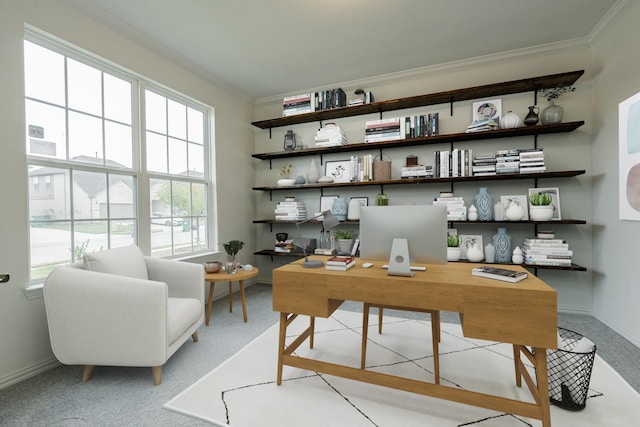 carpeted home office with crown molding