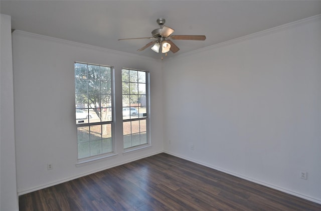 unfurnished room with dark hardwood / wood-style floors, ceiling fan, and ornamental molding