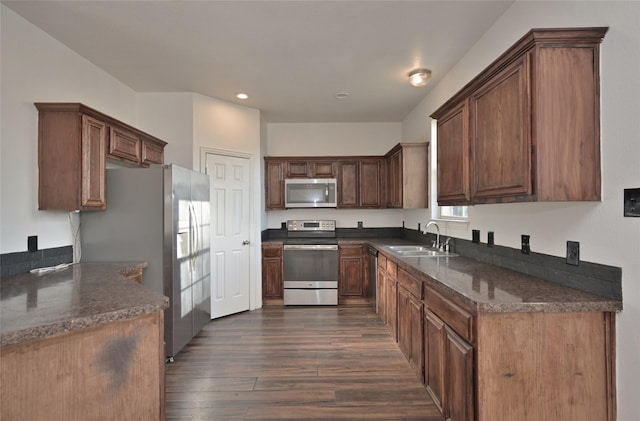 kitchen featuring appliances with stainless steel finishes, dark hardwood / wood-style flooring, and sink