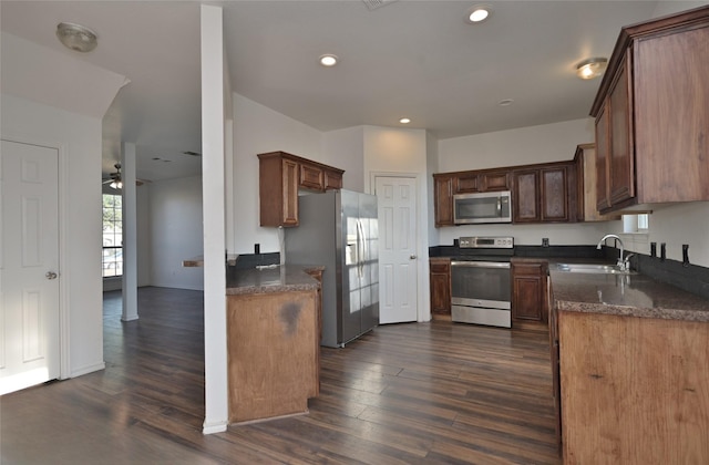 kitchen with ceiling fan, sink, dark hardwood / wood-style floors, and appliances with stainless steel finishes