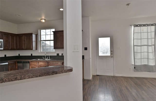 kitchen featuring dishwasher, dark hardwood / wood-style flooring, and sink