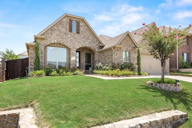 view of front of property featuring a front lawn and a garage