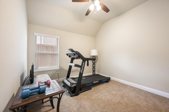 workout area featuring ceiling fan, lofted ceiling, and light carpet