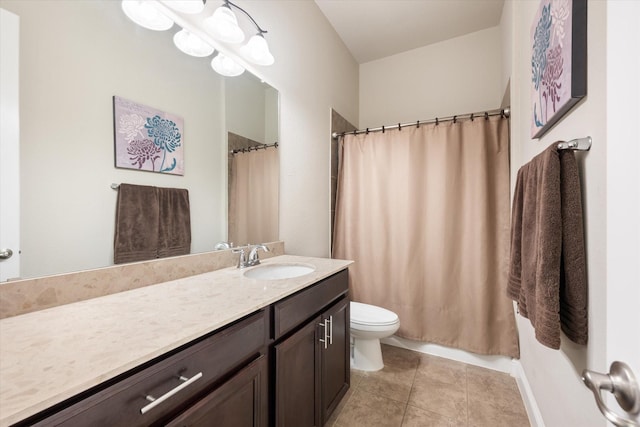 full bathroom with tile patterned floors, vanity, toilet, and shower / bath combination with curtain