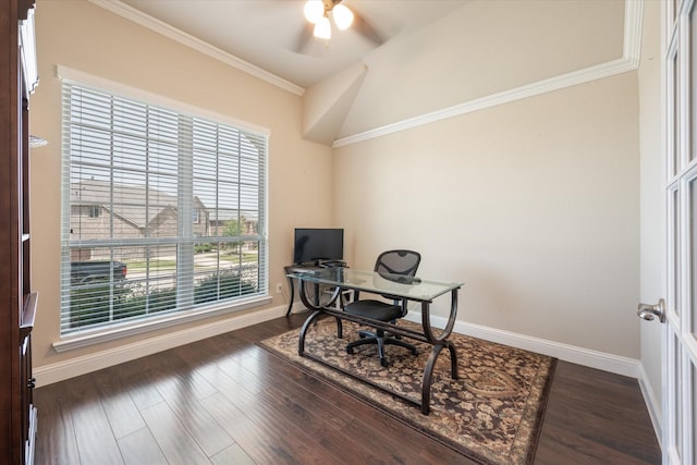 home office with dark hardwood / wood-style floors, ceiling fan, and lofted ceiling