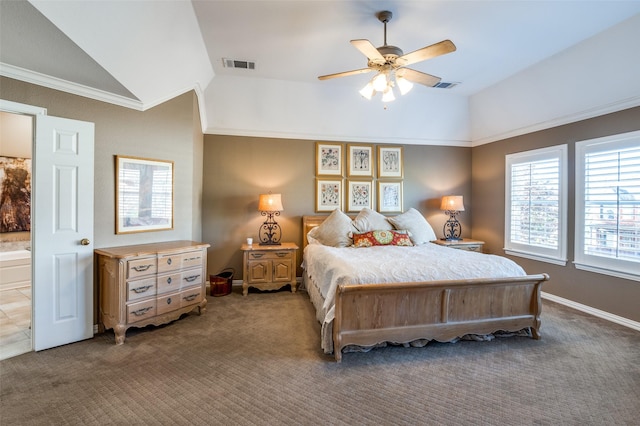 bedroom with dark carpet, vaulted ceiling, ceiling fan, and ornamental molding