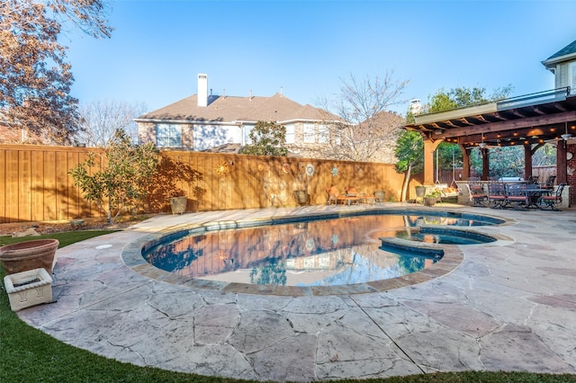 view of pool featuring a pergola, an in ground hot tub, and a patio