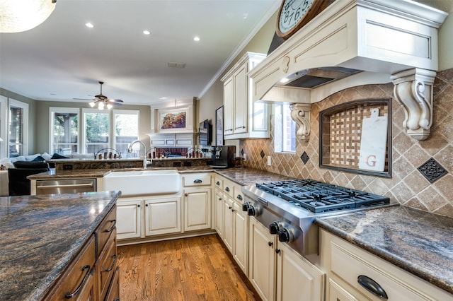 kitchen with ceiling fan, dark stone countertops, sink, and stainless steel appliances