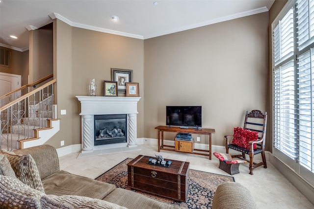 living room featuring crown molding