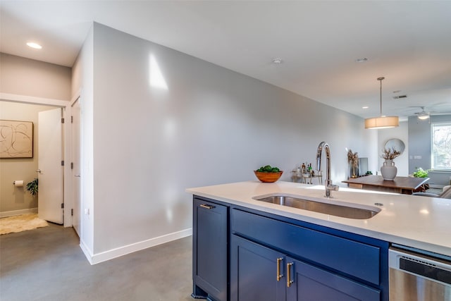 kitchen featuring blue cabinets, dishwasher, sink, hanging light fixtures, and light stone counters