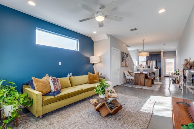 living room with ceiling fan