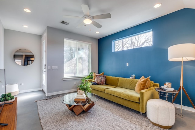 living room with ceiling fan