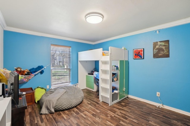 bedroom with dark hardwood / wood-style flooring and ornamental molding