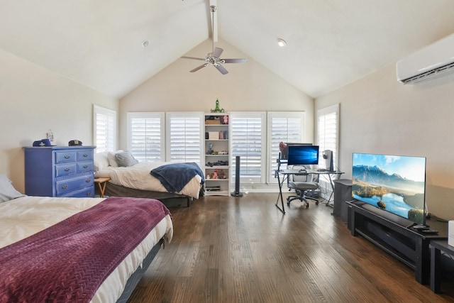 bedroom featuring a wall mounted AC, high vaulted ceiling, dark hardwood / wood-style flooring, ceiling fan, and beam ceiling