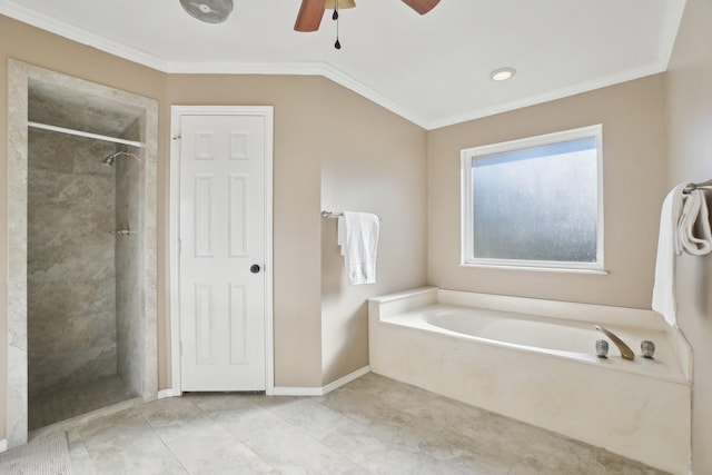 bathroom featuring tile patterned flooring, crown molding, independent shower and bath, and ceiling fan