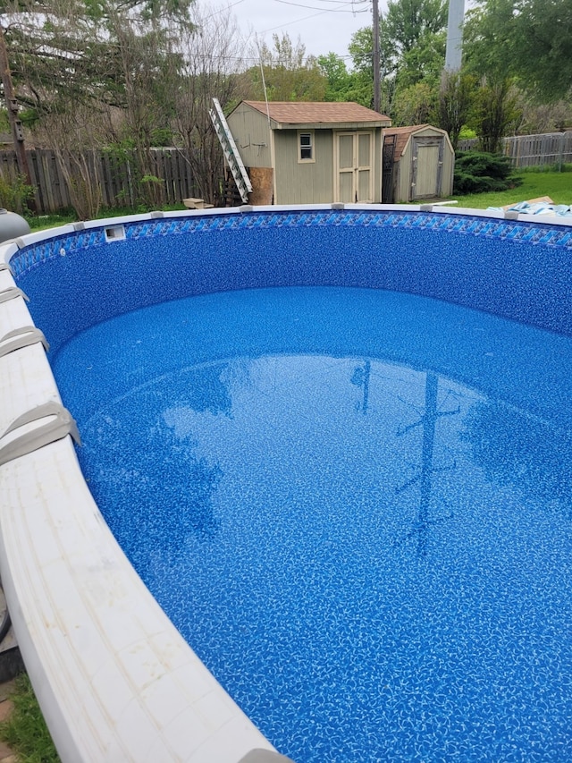 view of swimming pool with a storage shed