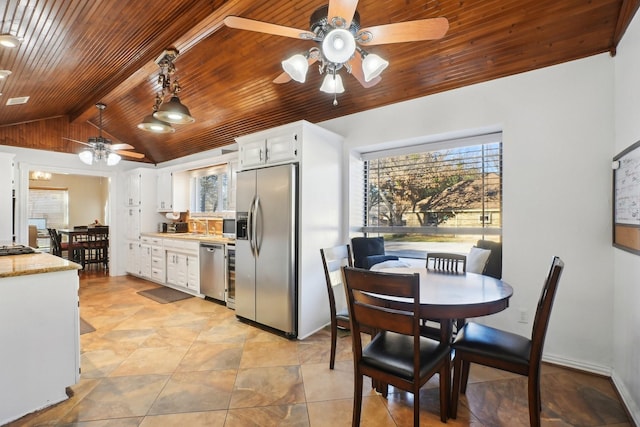 kitchen featuring hanging light fixtures, appliances with stainless steel finishes, white cabinets, and wood ceiling