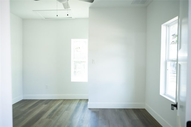 empty room featuring dark hardwood / wood-style floors and ceiling fan