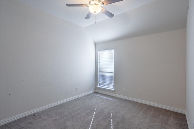 unfurnished room with carpet flooring, ceiling fan, and lofted ceiling