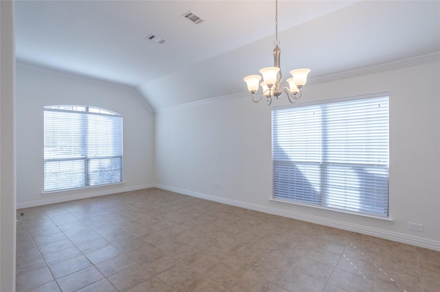 tiled spare room with crown molding, lofted ceiling, and an inviting chandelier