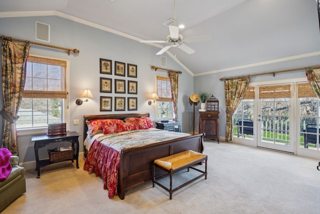 carpeted bedroom with access to outside, crown molding, ceiling fan, and lofted ceiling