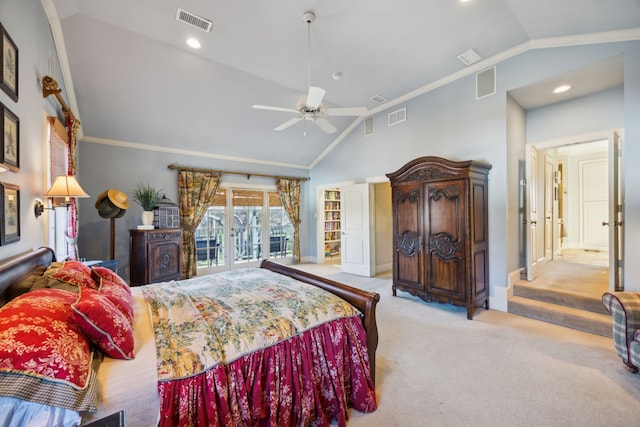 carpeted bedroom featuring access to outside, vaulted ceiling, ceiling fan, and crown molding