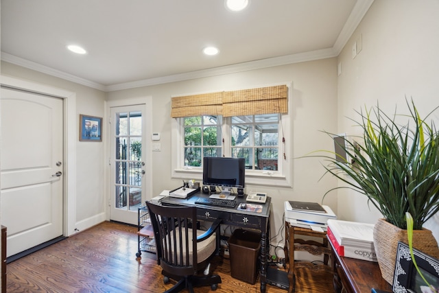 office area with ornamental molding and dark wood-type flooring