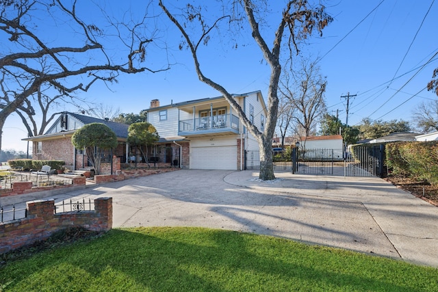 view of front facade with a porch, a balcony, and a front lawn