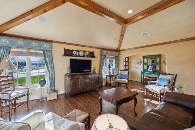 living room with wood-type flooring, high vaulted ceiling, and beam ceiling