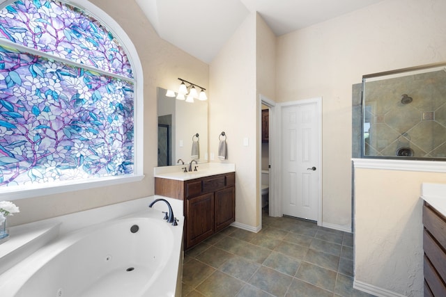 full bathroom with plus walk in shower, vanity, lofted ceiling, and toilet