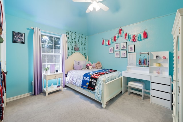 bedroom with ceiling fan and light colored carpet