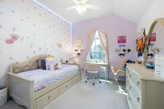 bedroom featuring ceiling fan, light colored carpet, and lofted ceiling