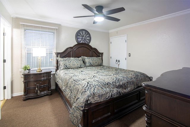 bedroom featuring ceiling fan, dark carpet, and ornamental molding