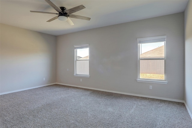 empty room featuring carpet flooring, a wealth of natural light, and ceiling fan