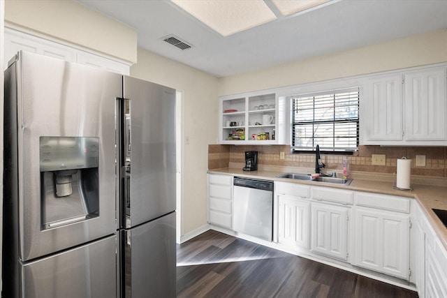 kitchen featuring backsplash, dark wood-type flooring, sink, white cabinetry, and stainless steel appliances