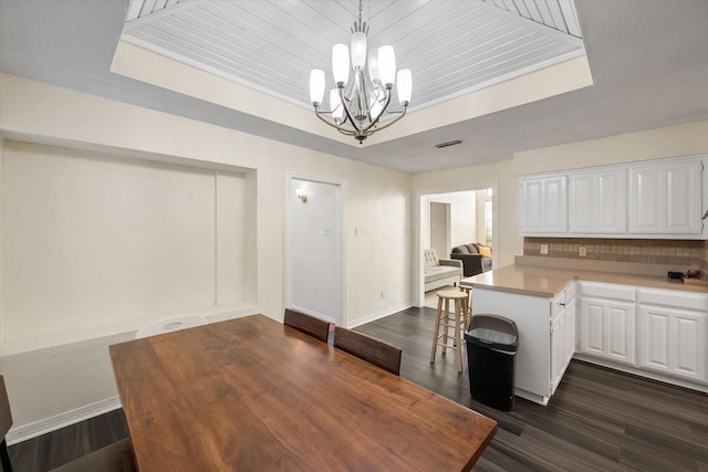 dining room with wooden ceiling, dark hardwood / wood-style floors, a tray ceiling, and a notable chandelier