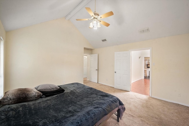 bedroom featuring beamed ceiling, ceiling fan, light colored carpet, and high vaulted ceiling