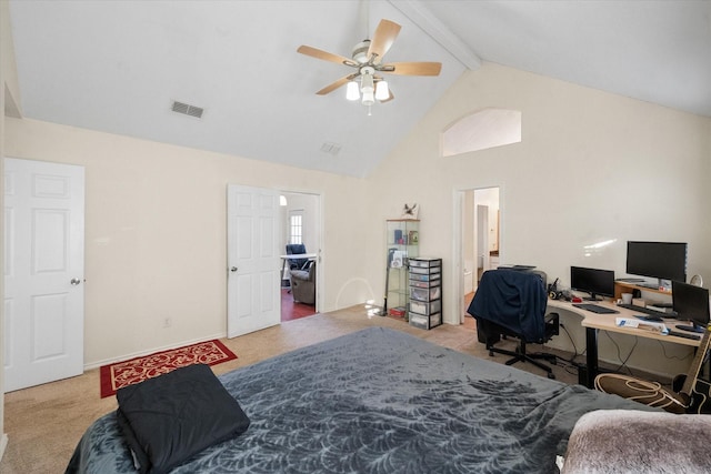 carpeted bedroom with beamed ceiling, high vaulted ceiling, and ceiling fan