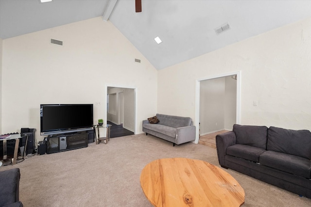 carpeted living room featuring ceiling fan, beam ceiling, and high vaulted ceiling