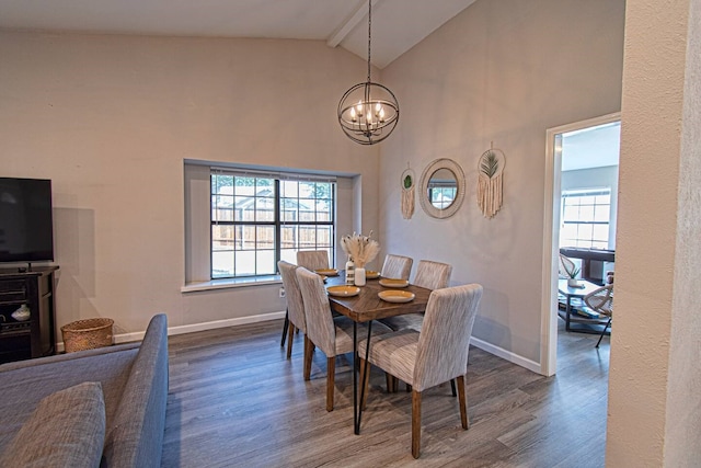 dining area featuring beamed ceiling, hardwood / wood-style floors, high vaulted ceiling, and a chandelier