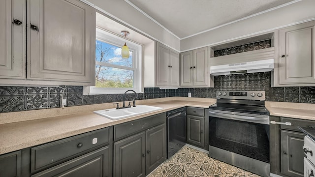 kitchen featuring gray cabinets, stainless steel electric range oven, dishwasher, sink, and backsplash