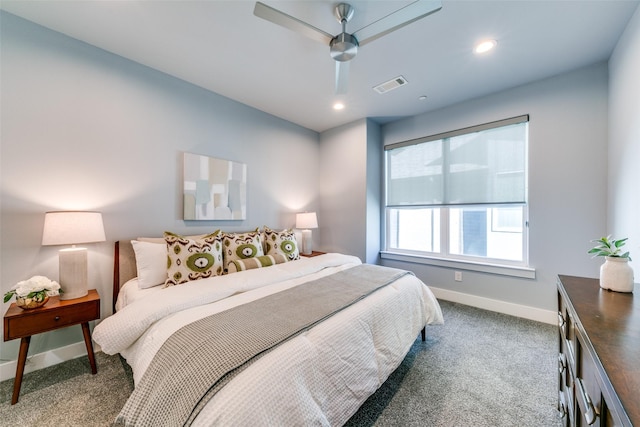 carpeted bedroom featuring ceiling fan