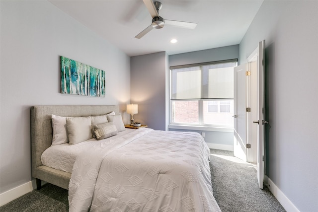 carpeted bedroom with ceiling fan